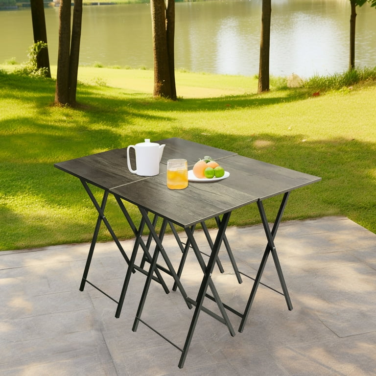 4 Pieces Indoor Outdoor Folding Table Wood XL Oversized Tray Table Set for Small Space Gray
