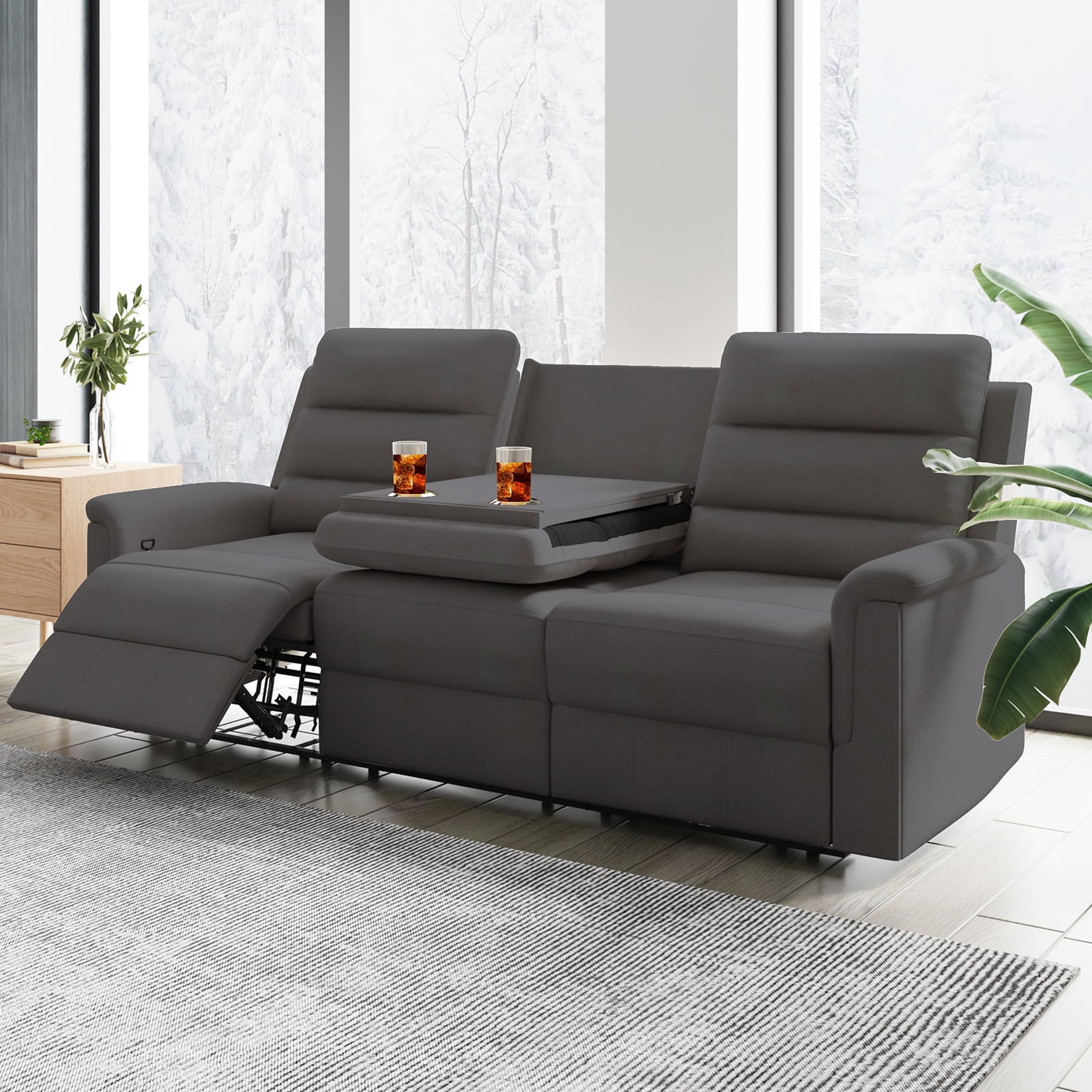 MUZZ Reclining Sofa Set, Modern Recliner Sofa with Cup Holders, Flip-Up Storage, Reversible Backrest and Footrest, Gray