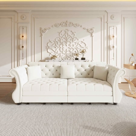 FFH 97.6" Chesterfield Couch with Pull Out Bed, Velvet Sleeper Sofa with Classic Roll Arm, Flower Tufting for Living Room, Beige
