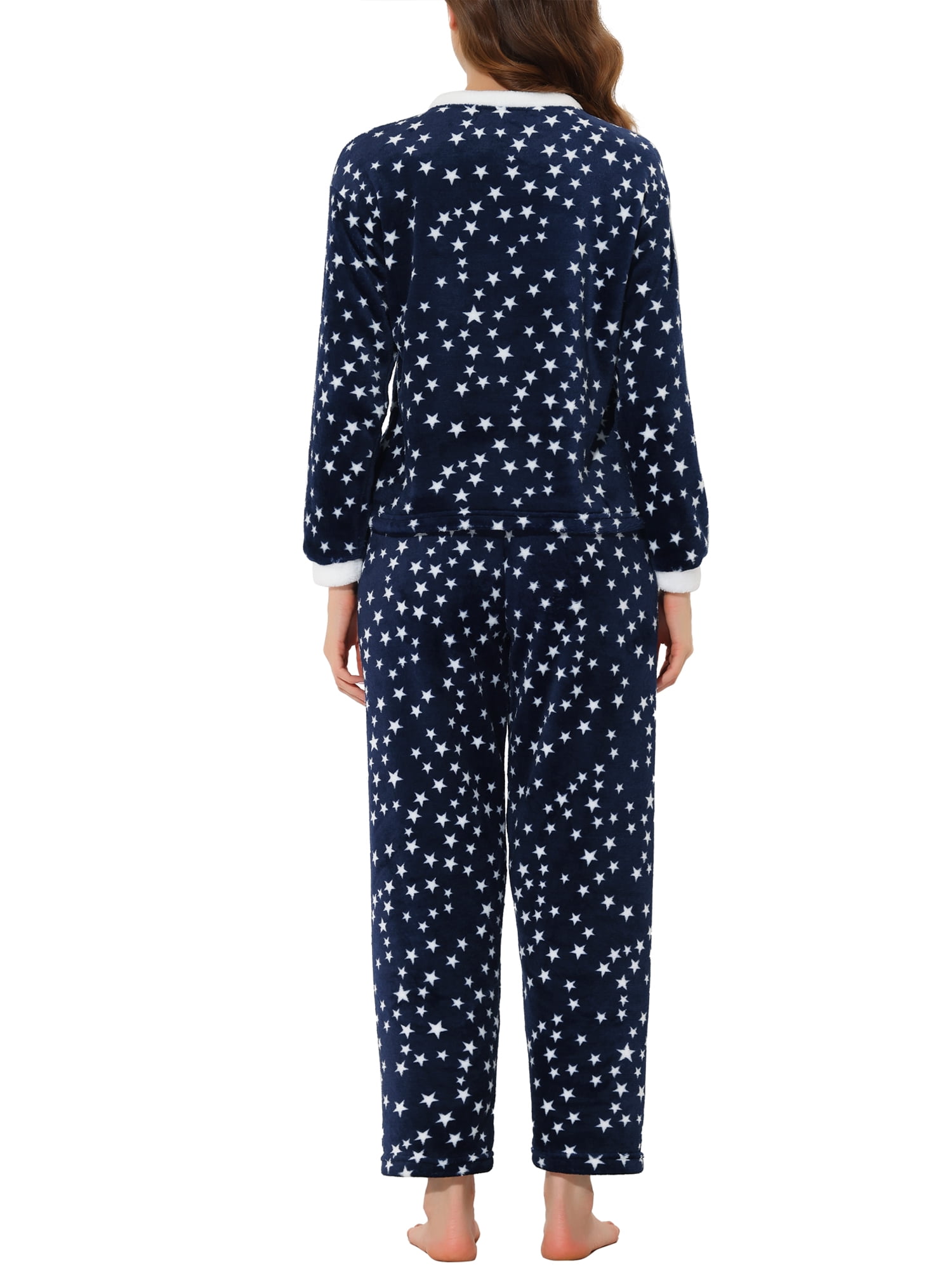 Unique Bargains Women's Heart Star Warm Plush Fleece Top and Pants Pajamas Set XS Blue