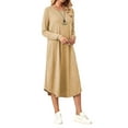 thumbnail image 2 of Women'S Loose Casual Round Neck Long Sleeve Dress Midi Slant Pocket Curved Hem Dress Khaki S, 2 of 9