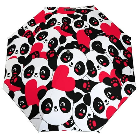 ANYWAY.GO Windproof & Water-Resistant Compact Foldable Travel Umbrellatotes Design Panda Greeting Card Portable Travel Umbrella，Diameter 42.5 in
