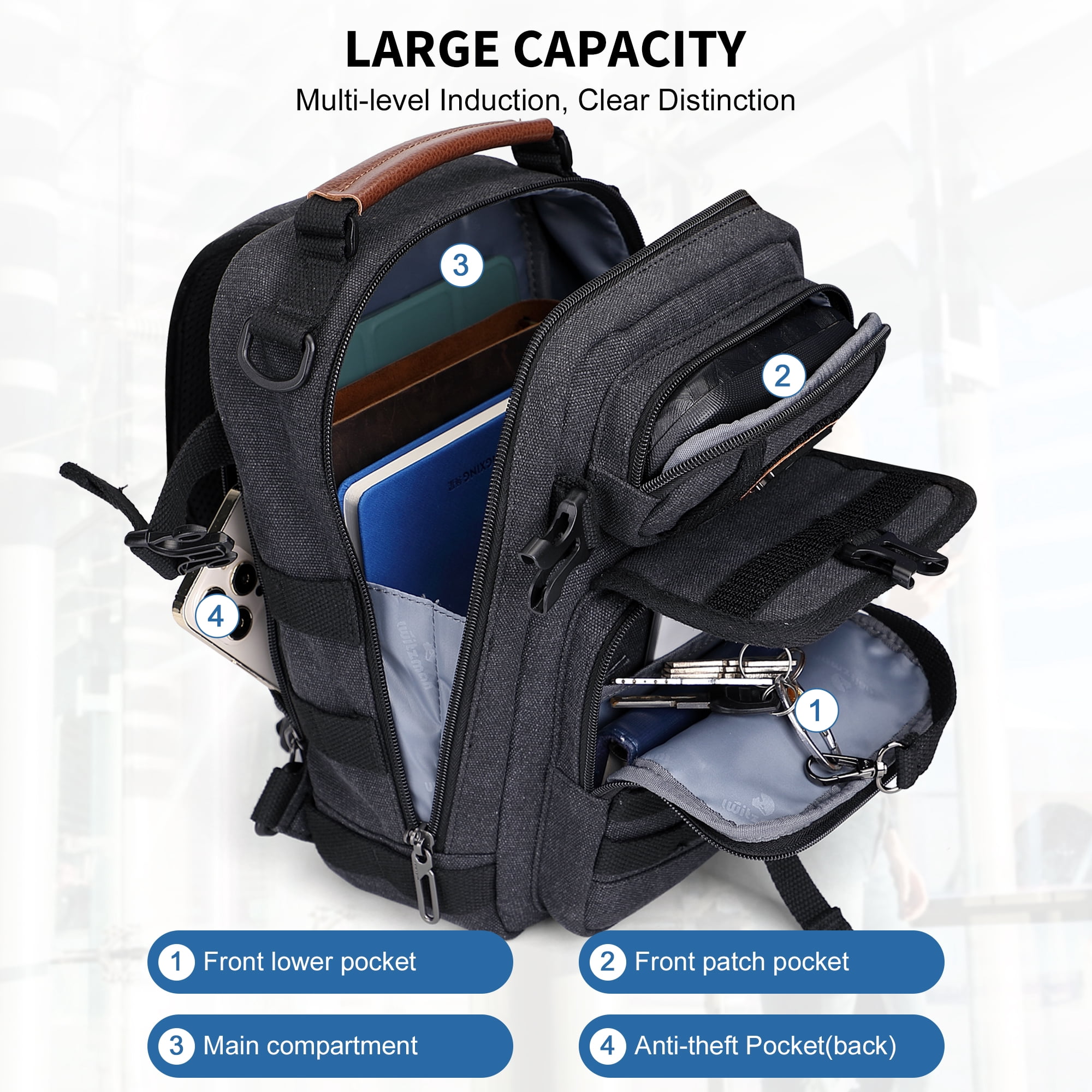 WITZMAN Sling Bag for Men Canvas Casual Chest Bag with USB Charging Port for Travel Daily Work(A8021 Black)