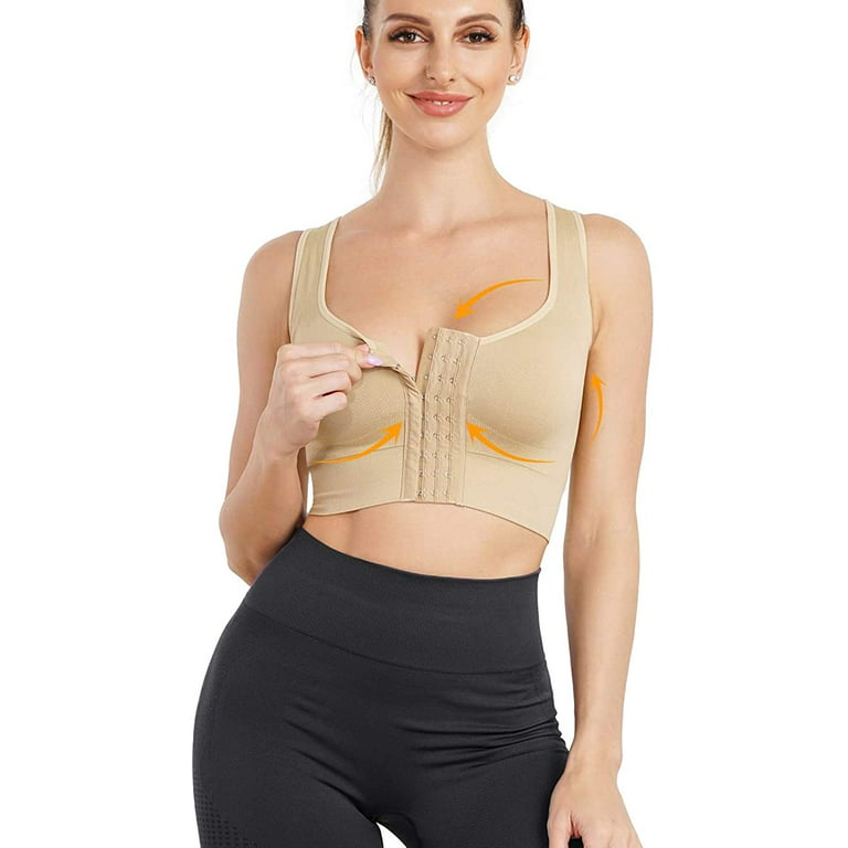 Gotoly Women's Front Closure Sports Bra Wirefree Padded Support Longline  Workout Tank Top Bra(Beige Medium-Large) 