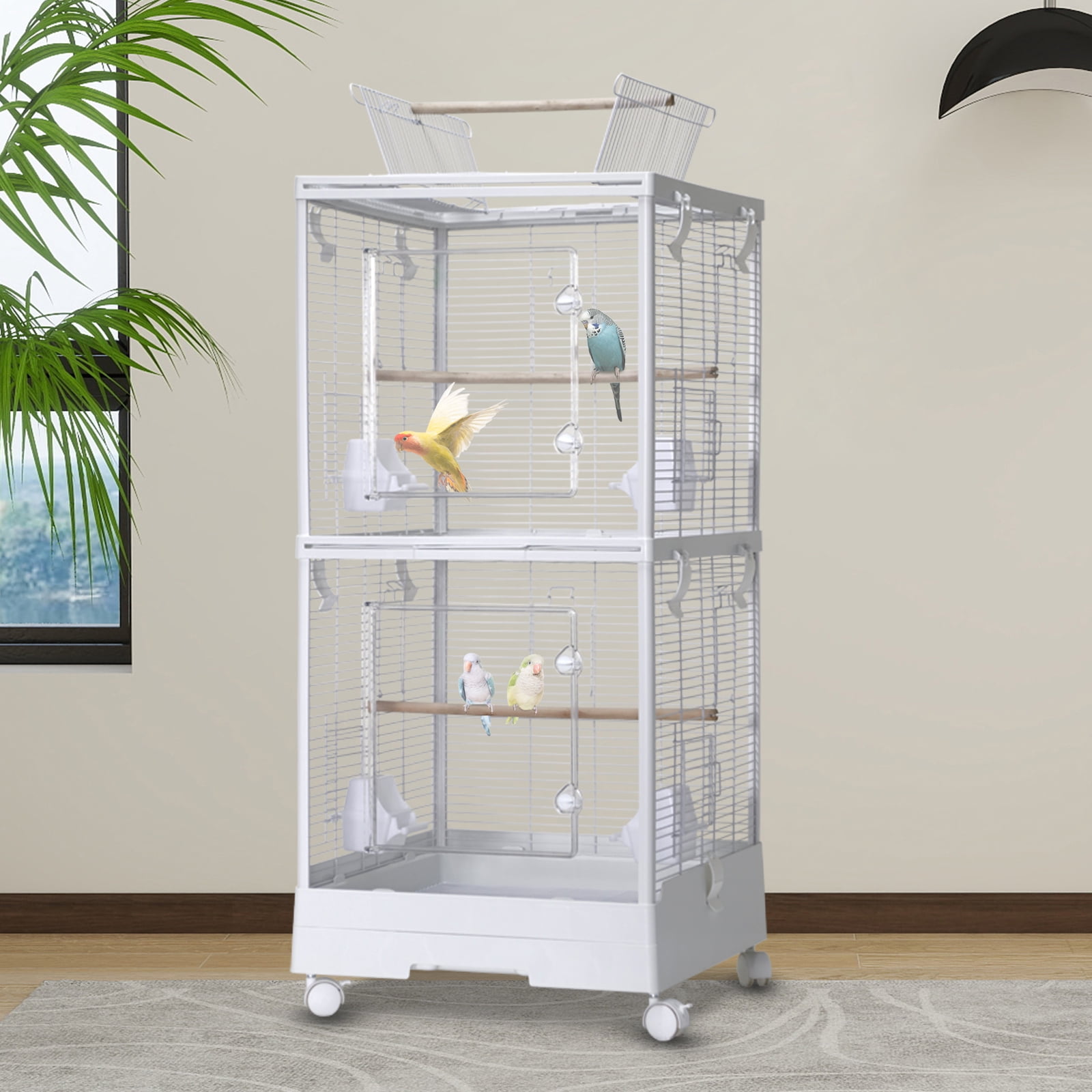 Small Bird Cage with Wheels, 40 Inch Parakeet Cage with Top Stand, 3 in 1 Bird Carrier for Parakeets, Canaries, Lovebirds, Small Quaker, Cockatiels, Budgie, Green Cheek,Conure