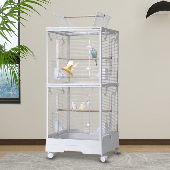 Budgie Cage, Bird Cage with Wheels, Pet Bird Cage 40 Inch Parakeet Cage with Top Stand, 3 in 1 Bird Carrier Iron Parakeet Cage with Slide Out Tray, for Parakeets, Canaries, Lovebirds