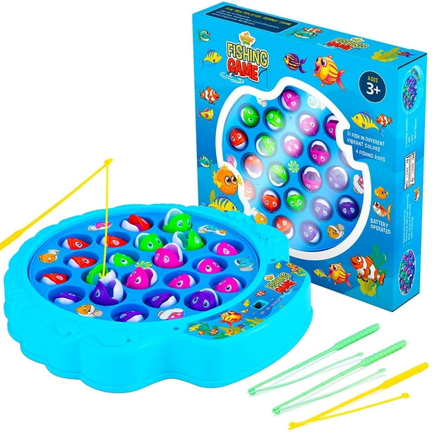 Hhhc Fishing Game Play Set - 21 Fish, 4 Poles, & Rotating Board W/ On-Off Music - Family Children Backyard Colorful Toy Games For Kids And Toddlers Ag