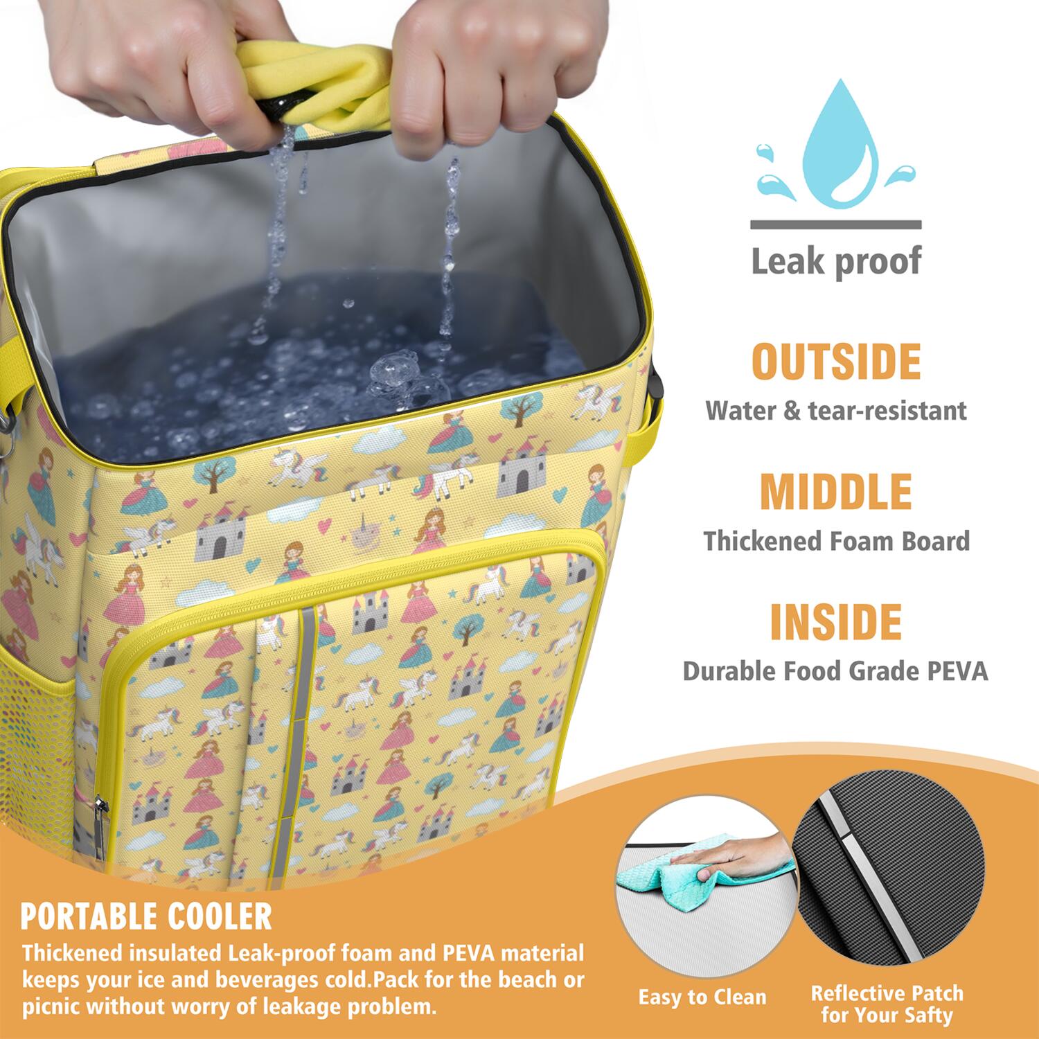 Travel Cooler Bag - Yellow Princess Castle Unicorn Pattern Camping Beer Cooler Backpack with Bottle Opener- Waterproof Insulated Picnic Backpacks - Cooler Bag for Beach