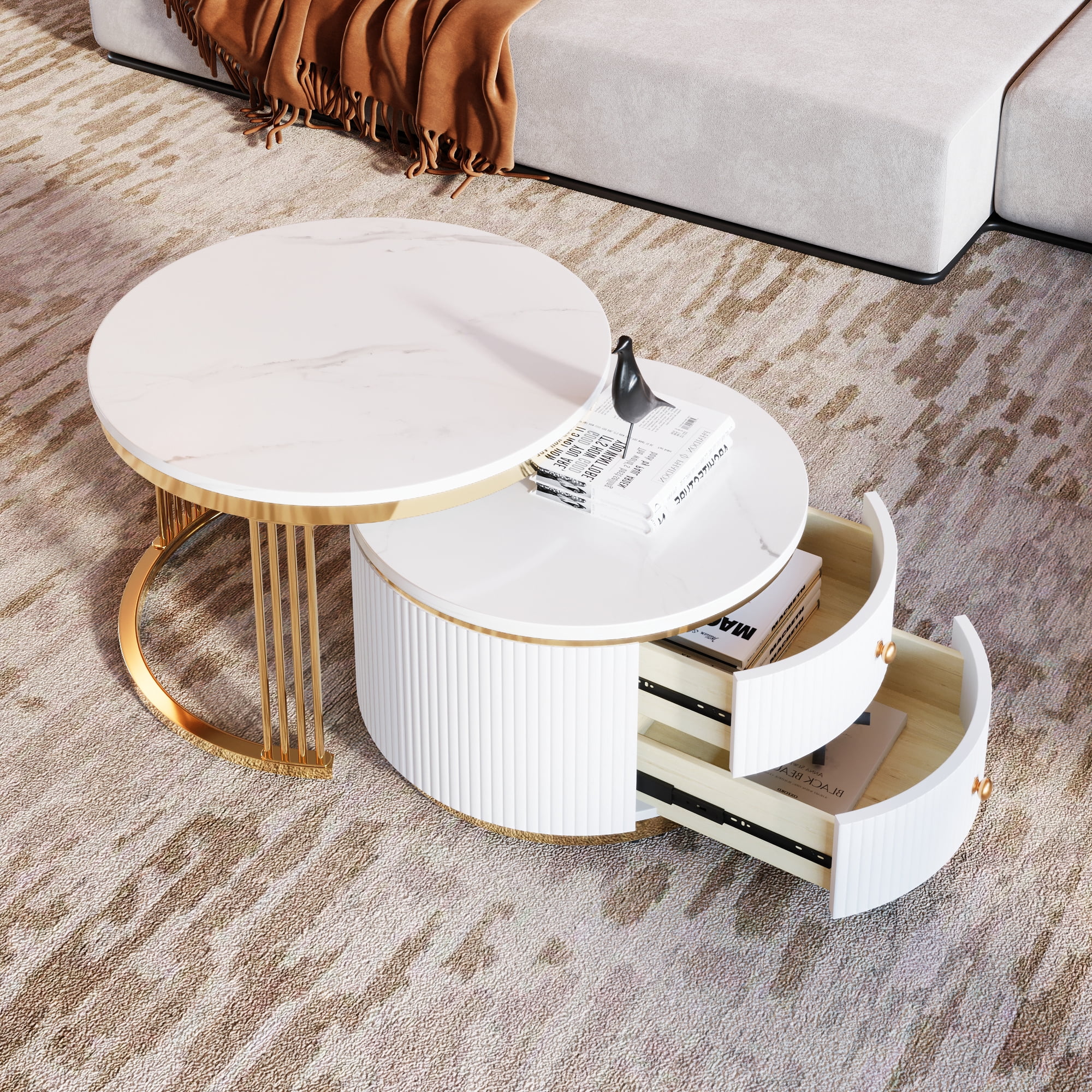 Euroco Modern 2 Pieces White Round Nesting Coffee Table with Drawers in 27.6''