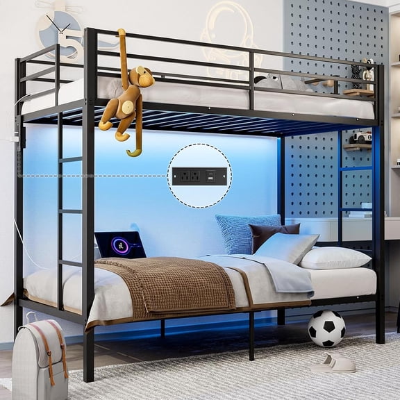 ARICOEASY Bunk Bed Twin Over Twin with LED Lights and Charging Station, Metal Twin over Twin Quad Bunk Bed with Ladder and Guardrails, Black