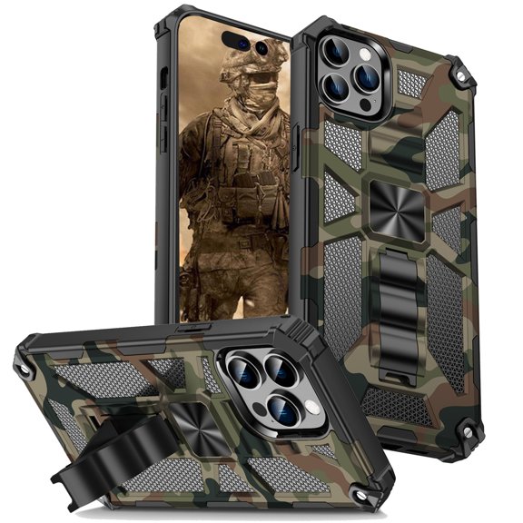 CCSmall Camouflage Case for Apple iPhone 15 Pro Max with Metal Kickstand, Camo Phone Cover Built-in 360° Rotate Ring Stand Case for iPhone 15 Pro Max MC Army Green