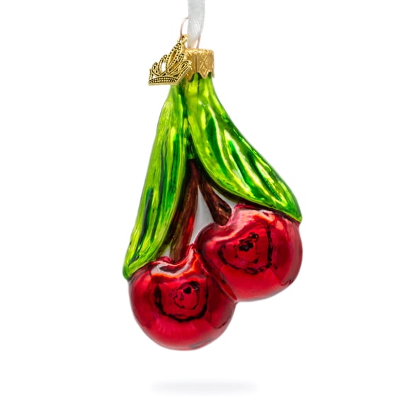 Red Cherries with Green Leaves Glass Christmas Ornament