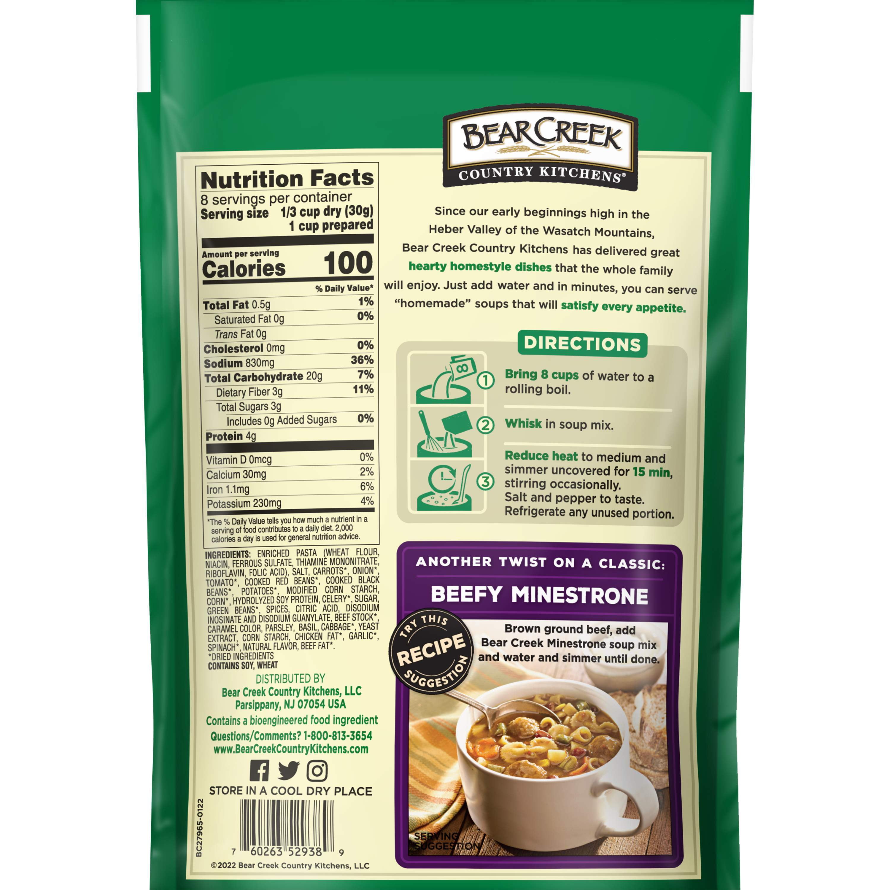 (6 pack) Bear Creek Country Kitchens Minestrone Soup Mix, 8 Servings, 8.4 oz Pouch
