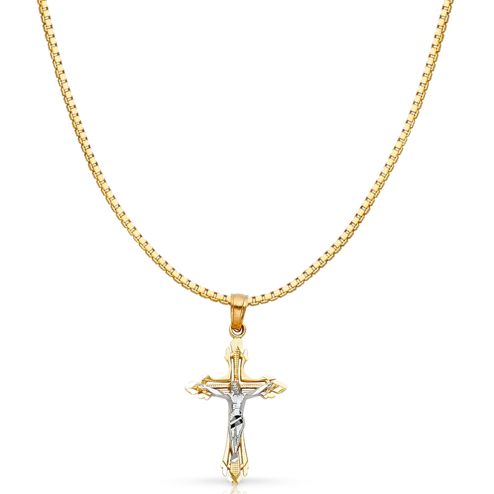 Details about   14K Yellow Gold Religious Crucifix Charm Pendant with 0.8mm Box Chain Necklace 