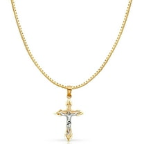 14K Two Tone Gold Jesus Crucifix Cross Religious Charm Pendant with 0.8mm Box Chain Necklace - 22"