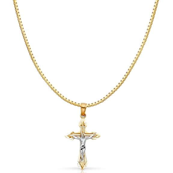 14K Two Tone Gold Jesus Crucifix Cross Religious Charm Pendant with 0.8mm Box Chain Necklace