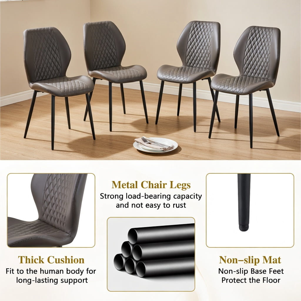 Hommoo Set of 4 Modern Light Luxury Diamond-Quilted PU Dining Chairs, Ergonomic Upholstered Chairs with Sturdy Metal Legs for Dining Room, Cafe, or Home Office, Dark Gray