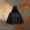 thumbnail image 2 of OOOUM Unisex Short Hooded Cape Crinkle Woven Textured Cloak Front Leather Lace-Up Closure Jagged Pointed Hem Loose Open Front Poncho Black One Size, 2 of 3