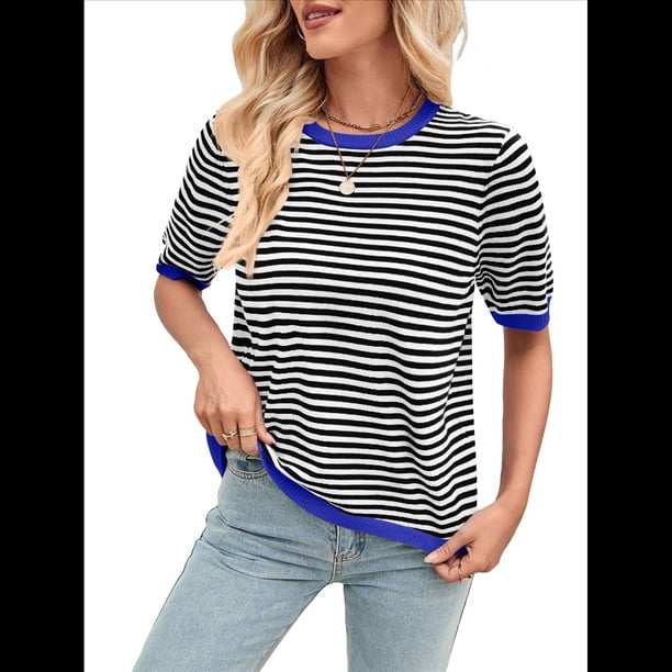 Suéteres Casuales de Verano para Mujer, con Cuello Redondo, Corta, A Rayas, de Punto con Bloques de Color, de Corte Alto y Moderno Negro y Azul S