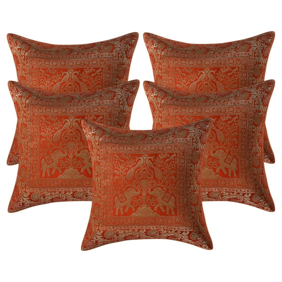 Stylo Culture Ethnic Decorative Throw Pillow Covers 16 x 16 Jacquard Peacock Orange Traditional 40x40 cm Home Decor Brocade Elephant Zippered Square Cushion Covers | Set Of 5