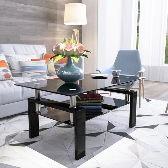 [Luckynote]Rectangle Black Glass Coffee Table, Clear Coffee Table,Modern Side Center Tables for Living Room,Living Room Furniture