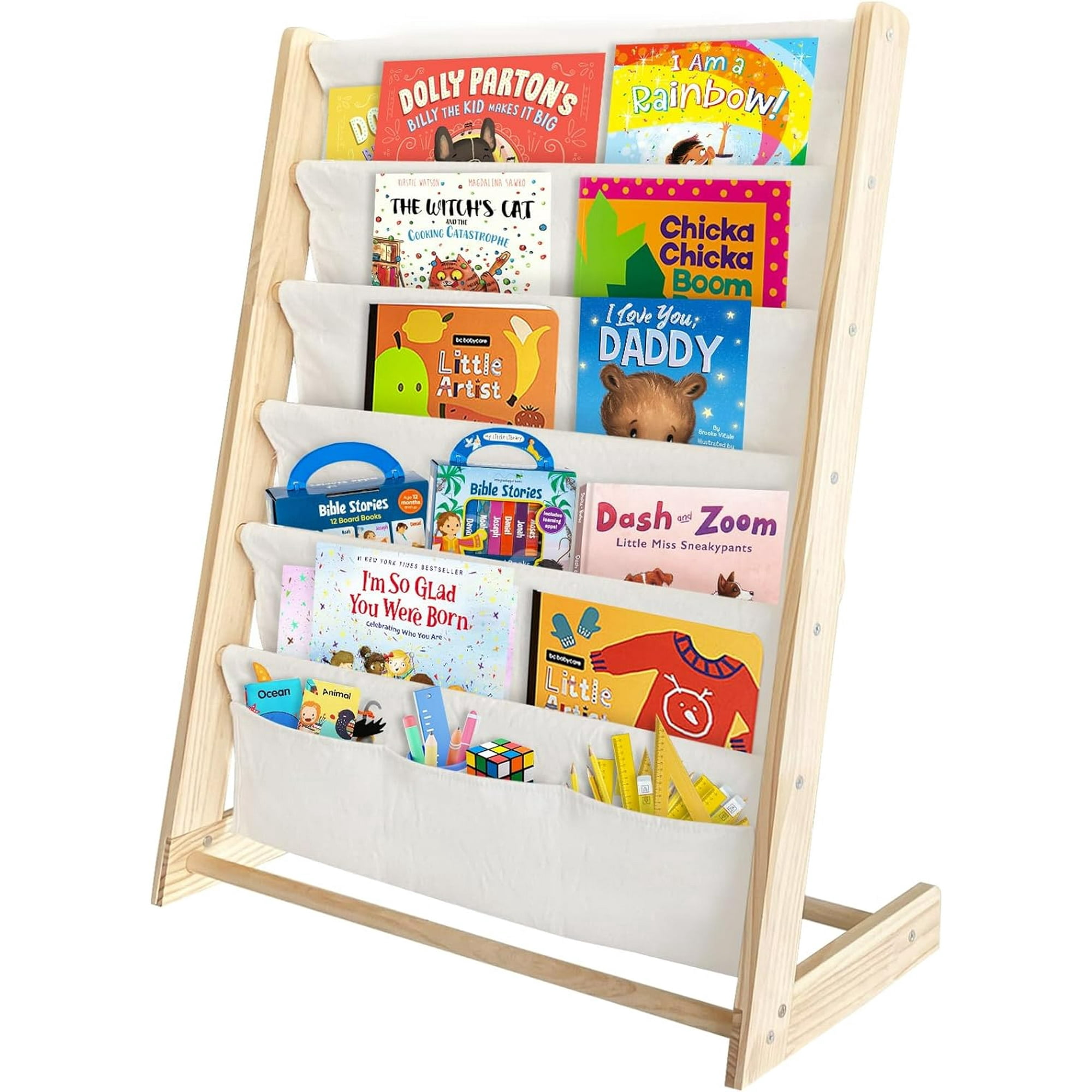 7 Tiers Wooden Kids Book Rack Storage Bookshelf Kids Canvas Sling Bookshelf Natural Beige for Kids Bedroom Playroom 29.5x11.8x31.5inch