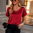 thumbnail image 3 of Camiseta Estrela de satén con cuello en V para mujer, camiseta informal de manga corta con bolsillo, cómoda, a la moda, para mujer, color rojo vino S, 3 of 6