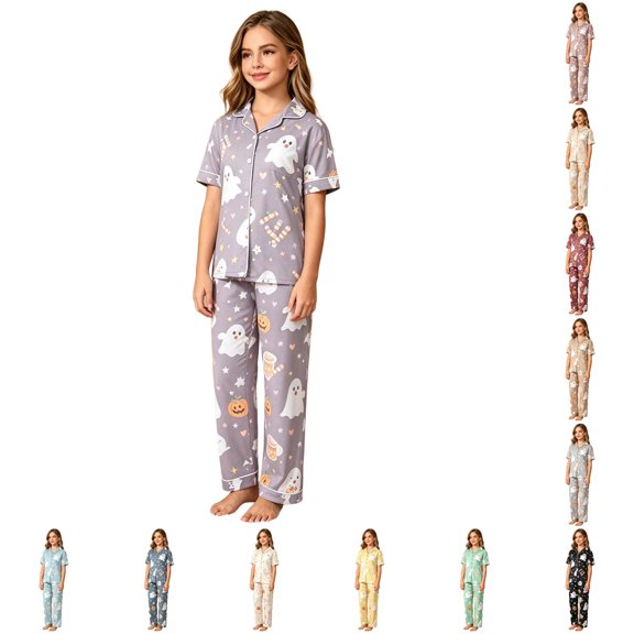 Rhoudy Little Girl'S Pajamas Shorts Sleeve Cartoon Prints T Shirts Pants Lapel Kid Sleepwear Basic Clothes Purple