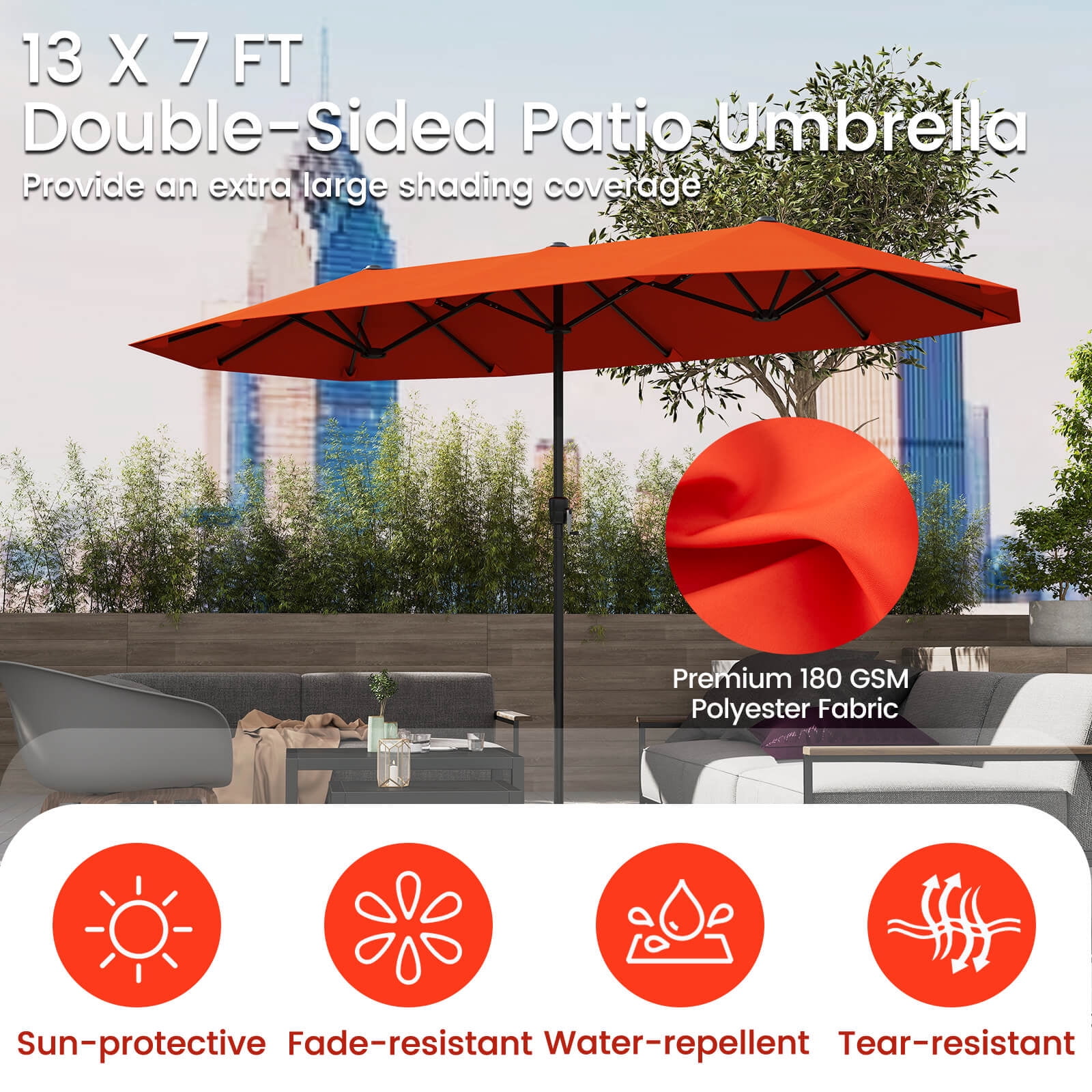 Costway 13 FT Large Patio Umbrella Outdoor Double-Sided Table Market Umbrella for Garden Orange