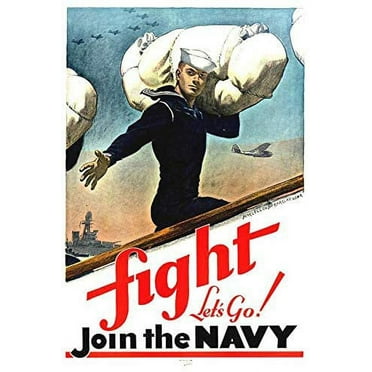 Tin Sign Vintage Chic Art Decoration Poster World War Ii WWII Fight Let's Go Join The Navy for Store Bar Home Cafe Farm Garage or Club 12" X 8"