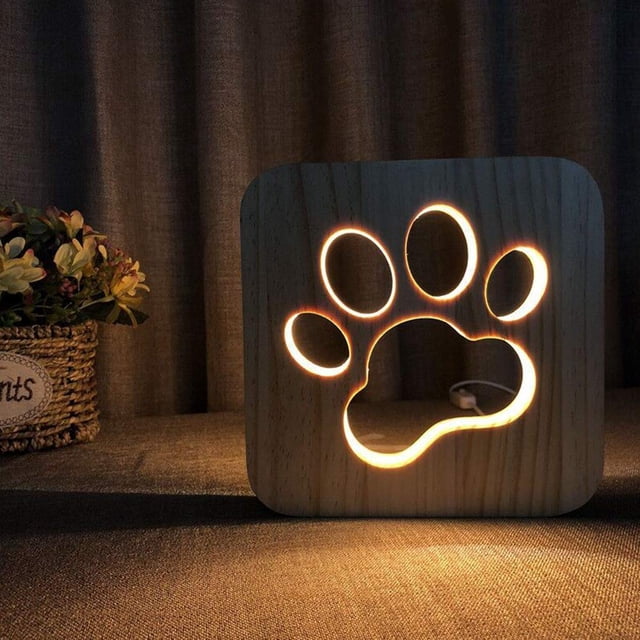 Luz de noche LED Luz de noche de animales, Lámpara USB tallada en madera, Lámpara de mesa con estampado de pata creativa, Luz de noche de madera Lámpara 3D Luz de noche de gato con pata de perro Xemadio LN-2208