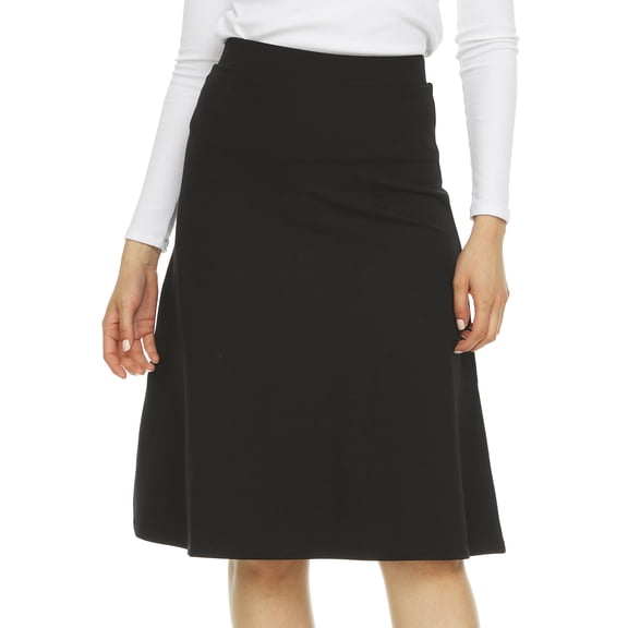 BGDK Women’s A-Line Circle Skater Midi Skirt – Perfect Thickness, Durable Fabric with a Luxurious Look, Elastic Waist, Flattering Below-the-Knee Business Office Skirt black large