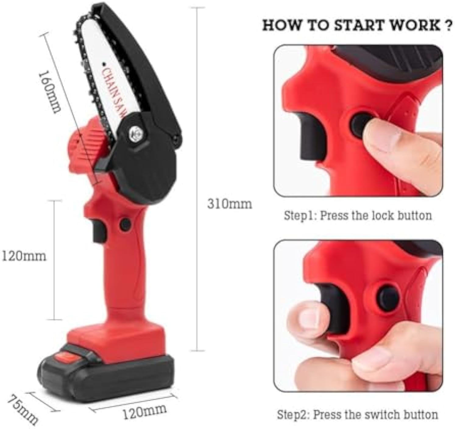 Mini Electric Chainsaw Cordless 4-inch, Portable Electric Chainsaw Cordless with Battery, Handheld Mini Chain Saw, for Wood Cutting Tree Trimming DIY Gardening Camping (Red, 2Battery)