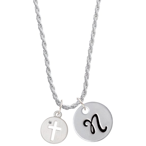 Delight Jewelry Silvertone Cross Silhouette Silvertone Script Initial Disc - N - Charm Necklace, 20"+3"