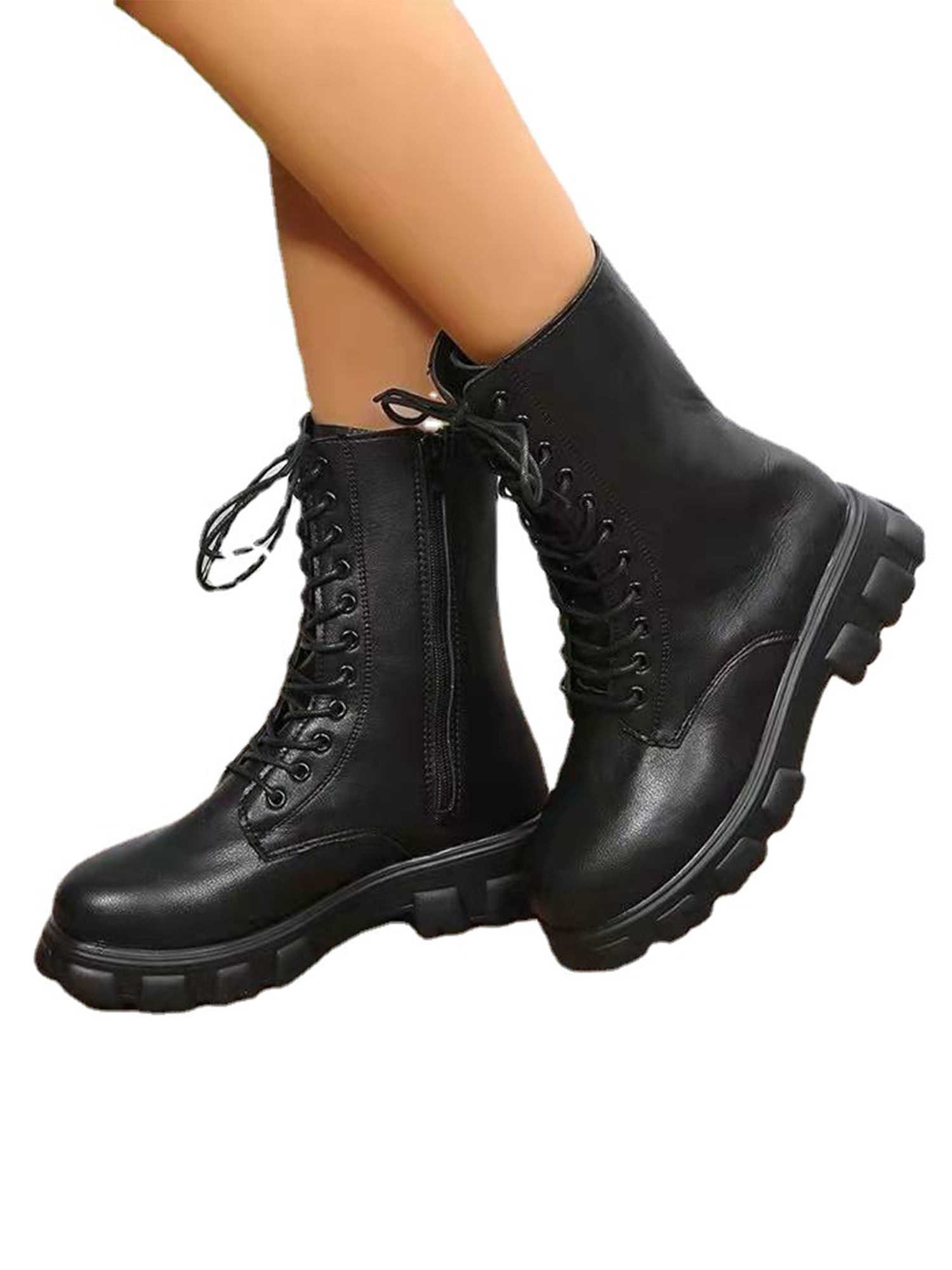 Bottines De Combat Mi-mollet Pour Femme - Style Punk Confortable Avec Boucle à Lacets - Pour Printemps/automne
