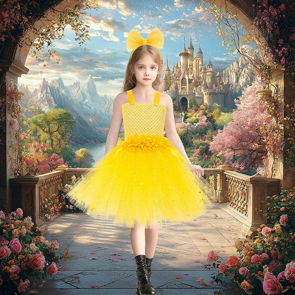 Riecok Flower Dresses for Kids Sleeveless Sequin Ruffle A Line Princess Dresses Halloween Birthday Party Kid Patchwork Tulle Skirt Formal Gown Dresses Yellow L