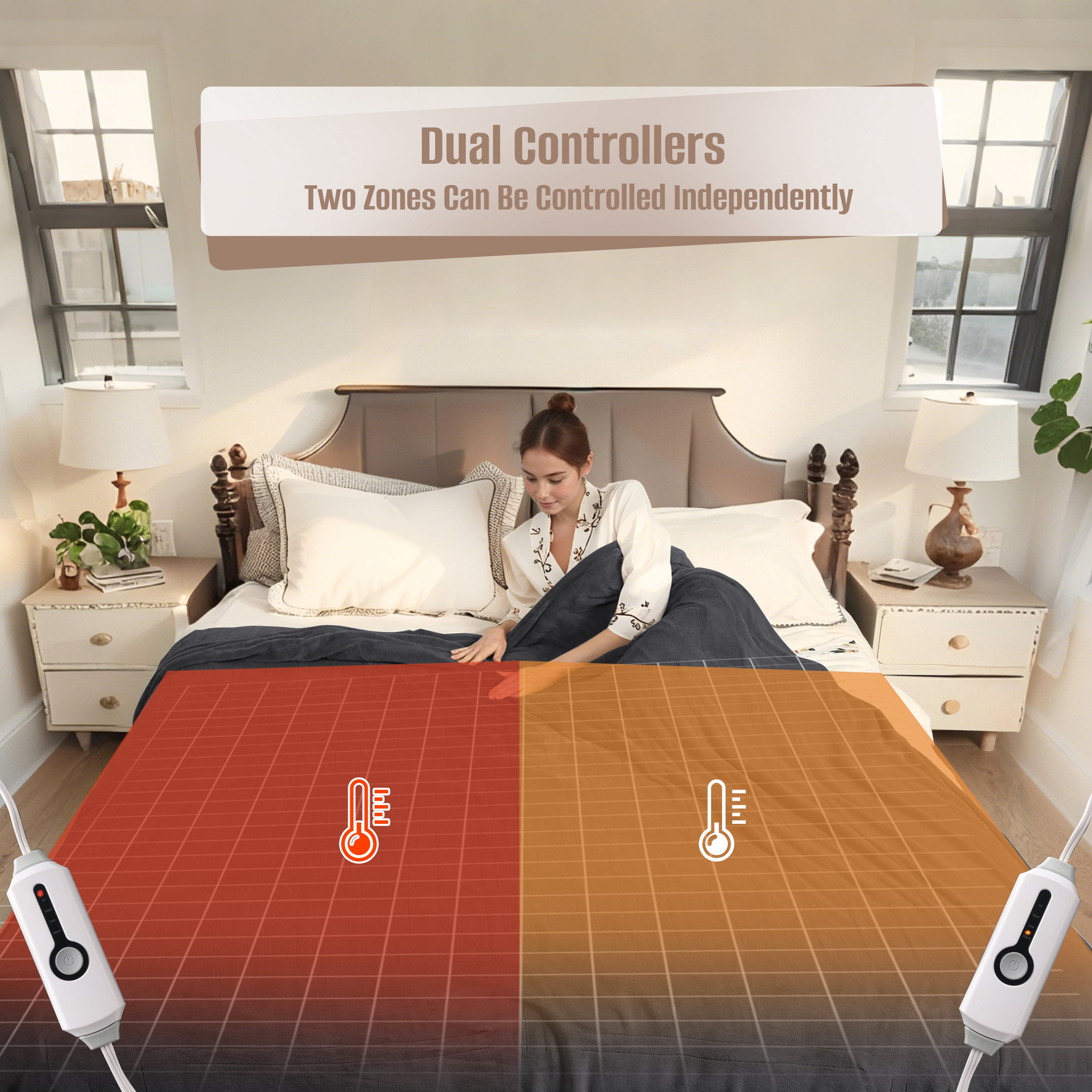YAKEE Electric Heated Blanket 84"x90" Queen Size with Dual Control, 4 Heat Levels, 10-Hour Auto-off, Soft Coral Fleece, Overheat Protection, Gray