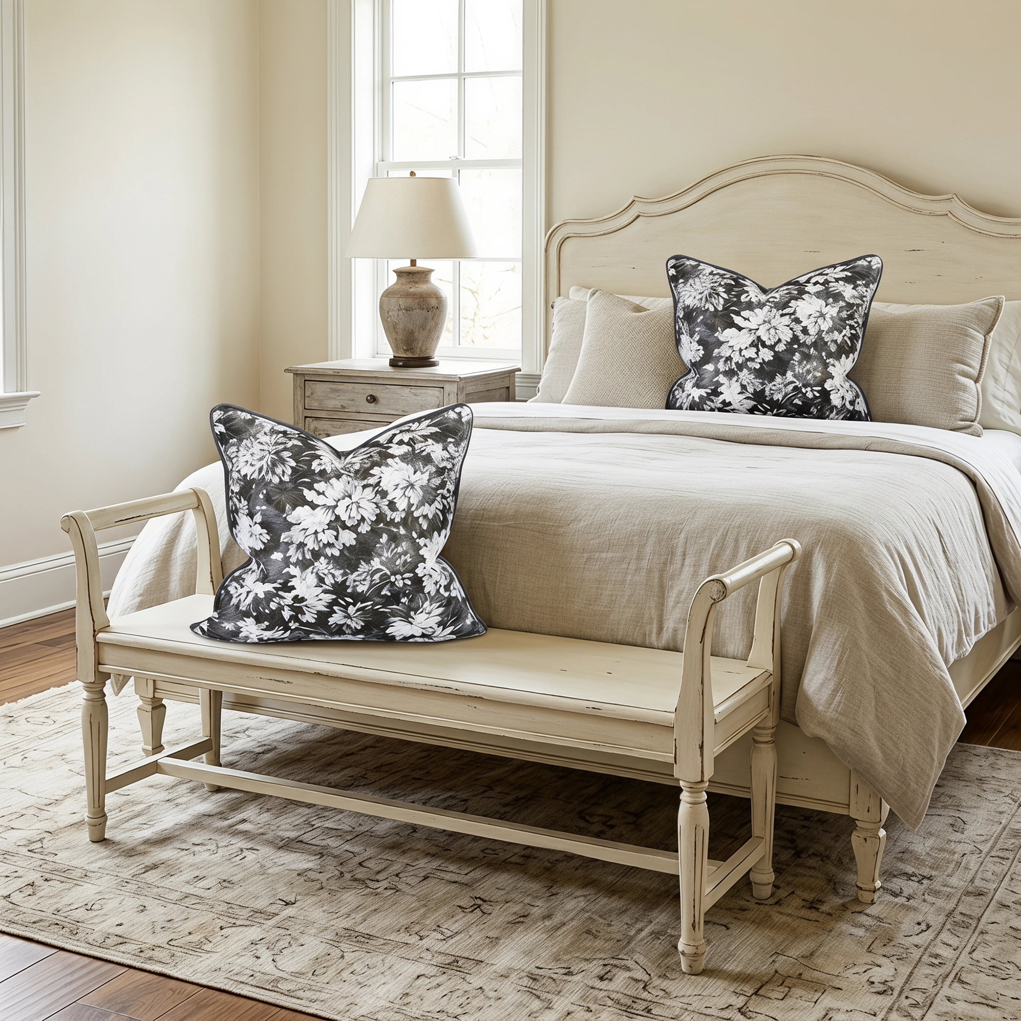 Unique Bargains Floral Throw Pillow Cover with Piped Edge Decor Cushion Case Black 18"x18"