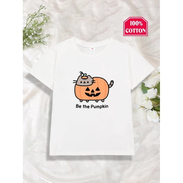 Girls' Halloween "Be The Pumpkin" Cat & Pumpkin Cartoon T-Shirt - 100% Cotton Short Sleeve Casual Top, Machine Washable Spring/Summer Playful Tee for Youngsters, Halloween Clothes, Spri