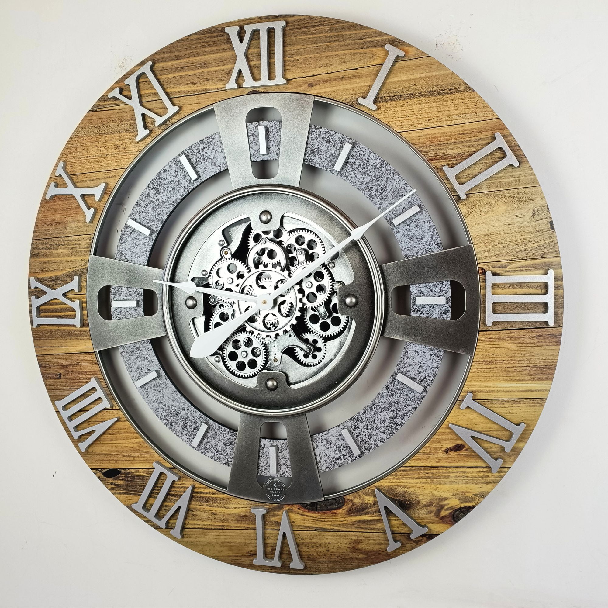 THE GEARS CLOCK Wall Clock with Real Moving Gears EN-LI_ 24 in Round Wood-Stone