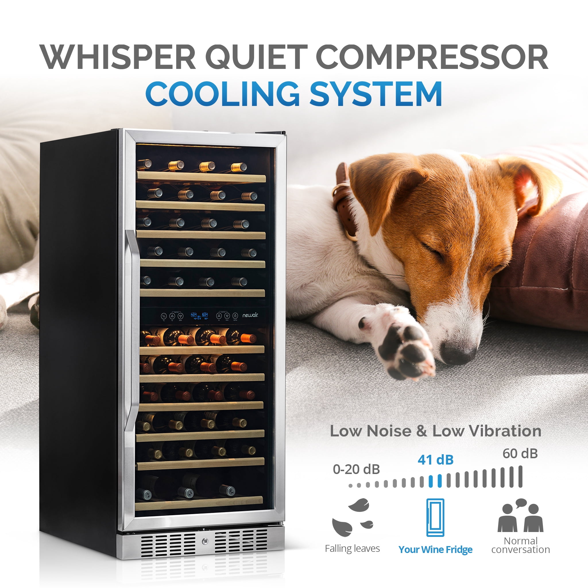 NewAir Dual Zone 116 Bottle Beverage Cooler with Beechwood Shelves, Stainless Steel