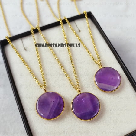 Natural Amethyst Necklace, Coin Shape Necklace, Birthstone Necklace, Birthstone Jewelry, Birthday Gift, Boho Amethyst, Valentine Day Gifts