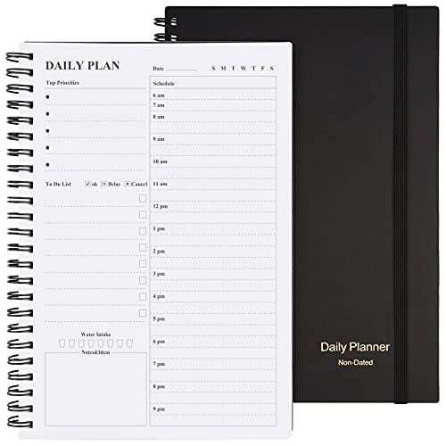 Daily Planner Undated, Asten to Do List Notebook Hourly Schedules Spiral Appointment Planner for Men and Women,PVC Hardcover,Elastic Closure, Inner Pocket 8.3' x 5.8' (Black)