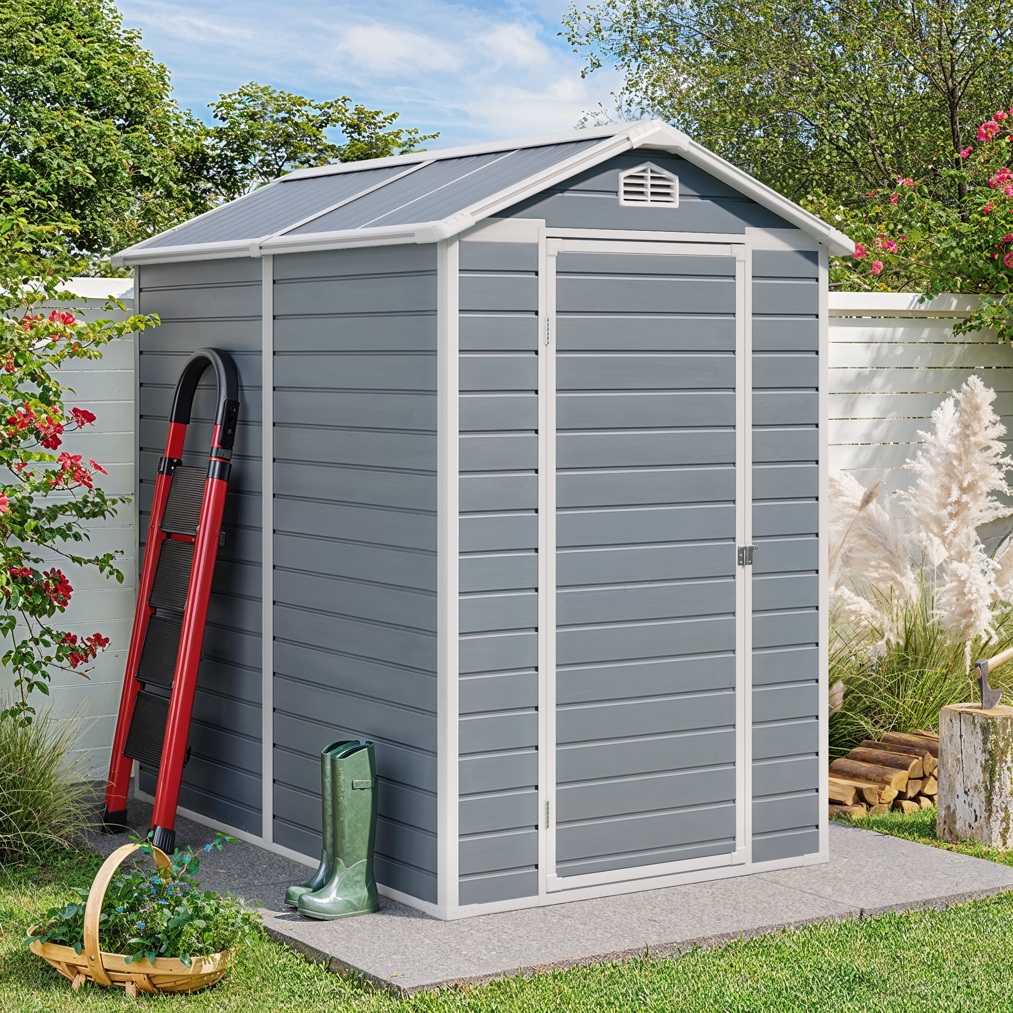 Asofer 6x4 ft Outdoor Resin Storage Shed with Floor & Lockable Doors - Heavy Duty Plastic Garden Shed for Backyard|Patio|Lawn Tool Organization - Grey