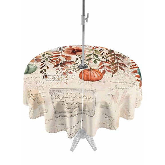 Outdoor Tablecloth with Umbrella Hole and Zipper, Orange Teal Fall Pumpkins Round Table Cloth 54 Inch Waterproof Tablecloth, Weeping Botanical Thanksgiving Retro Picnic Table Cover for Patio Camping