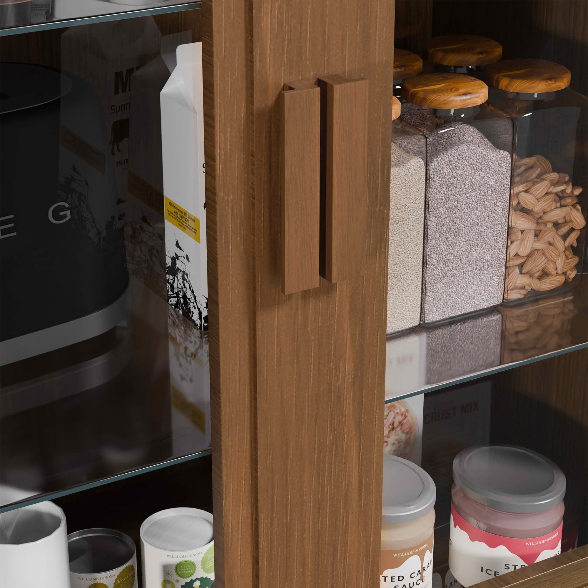 MAYEERTY 31x31x16 Inch Light Walnut Wood Grain Storage Cabinet with Glass Door for Living Room
