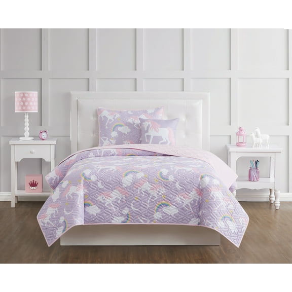My World Rainbow Unicorn 100% Microfiber Polyester  3 Piece Twin Quilt Set in Purple and Pink, All Season, Adult and Teen Sizes, OEKO-TEX Certified