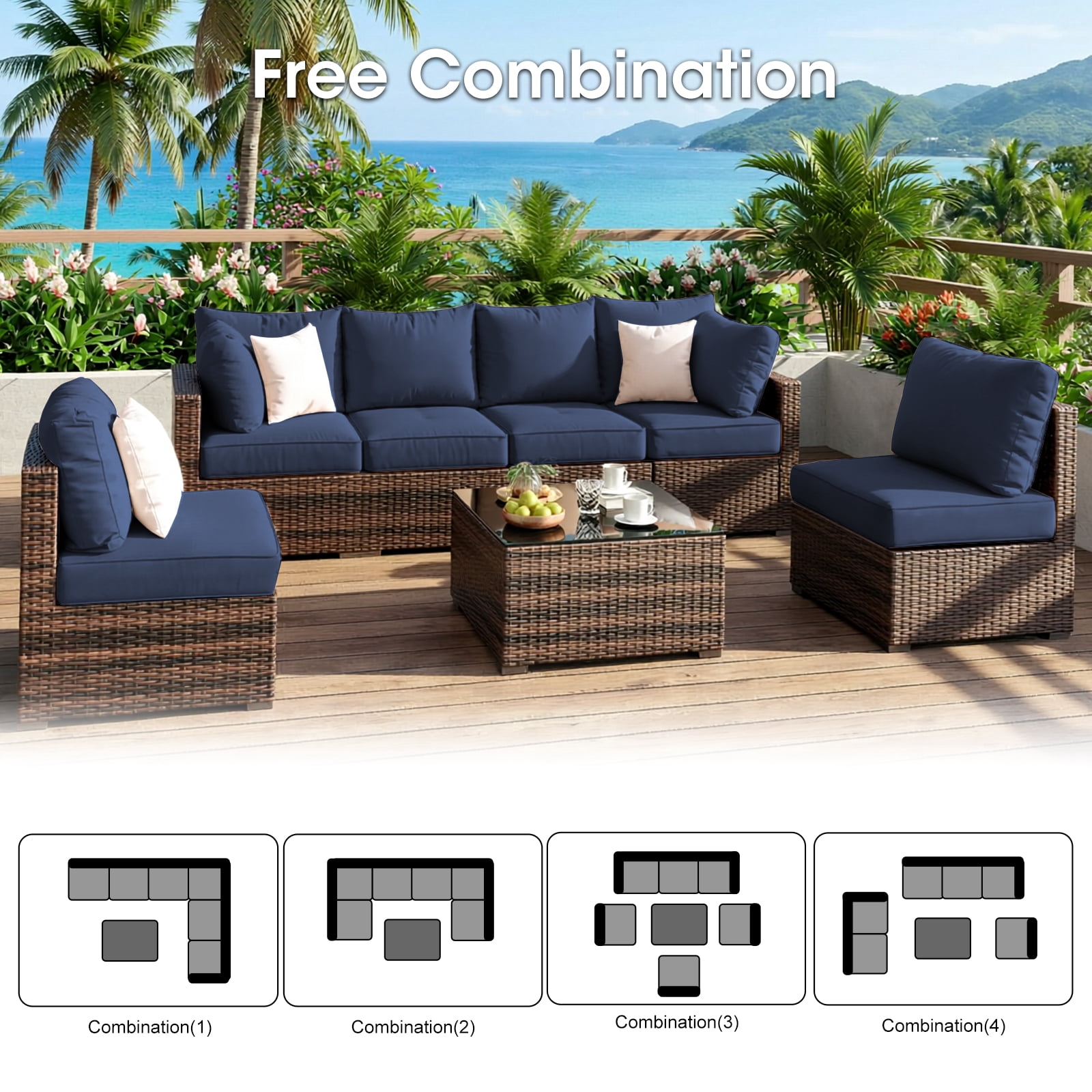 Gaildon 7 Patio Outdoor Furniture Wicker Sectional Sofa Couch Lawn Sectional Black Glass Table, Blue
