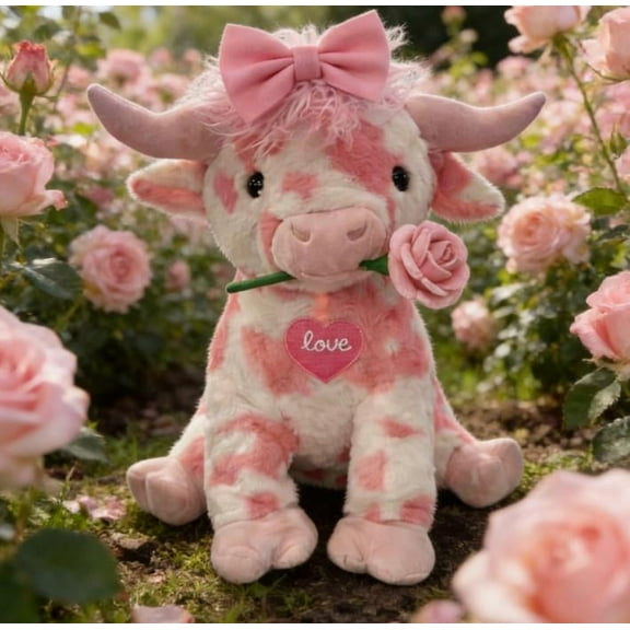 Pink Highland Cow Plush Toy, Valentines Highland Cow Stuffed Animal with Bow& Rose, Adorable Cuddly Plush Pillow, Kawaii Farm Cow Plushies, Perfect Gifts for Kids Collectors Girlfriends Lover