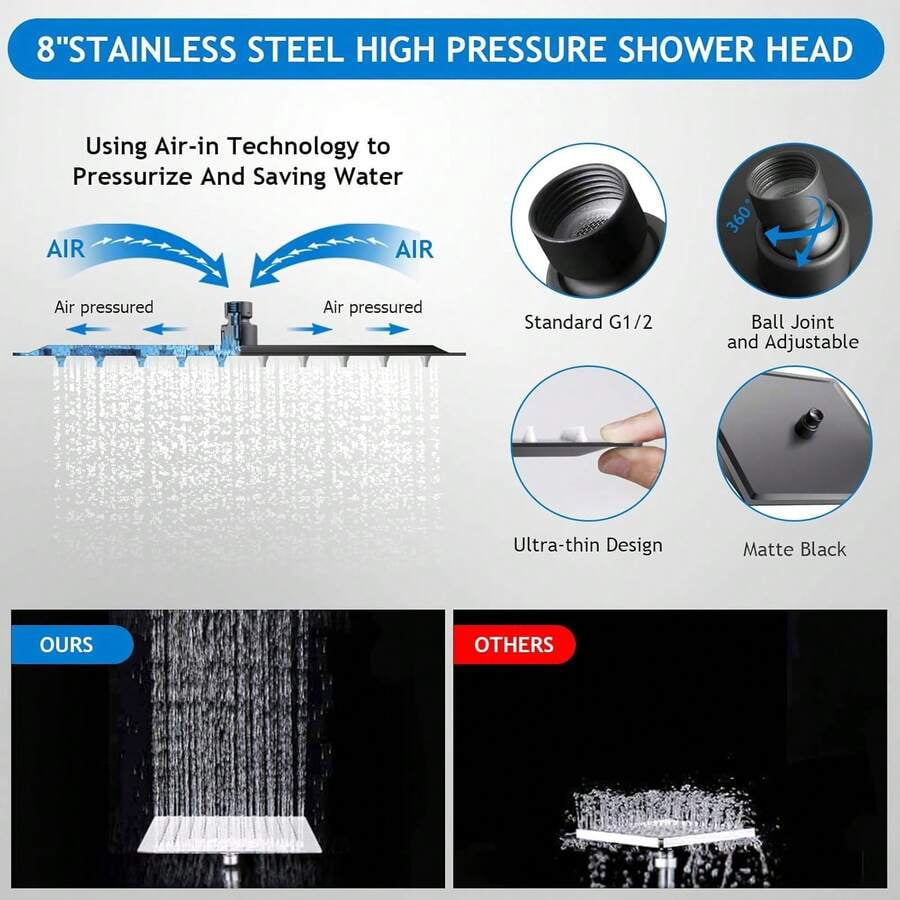 Shower Head Combo,8/10/12" Rain Square Shower Head  With 9 Inch Adjustable Extension Arm And 3 Settings Handheld Spray,150cm Long Hose